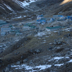 The Ngozumpa glacier crossing :: Gokyo lodges hidden behind the morraine